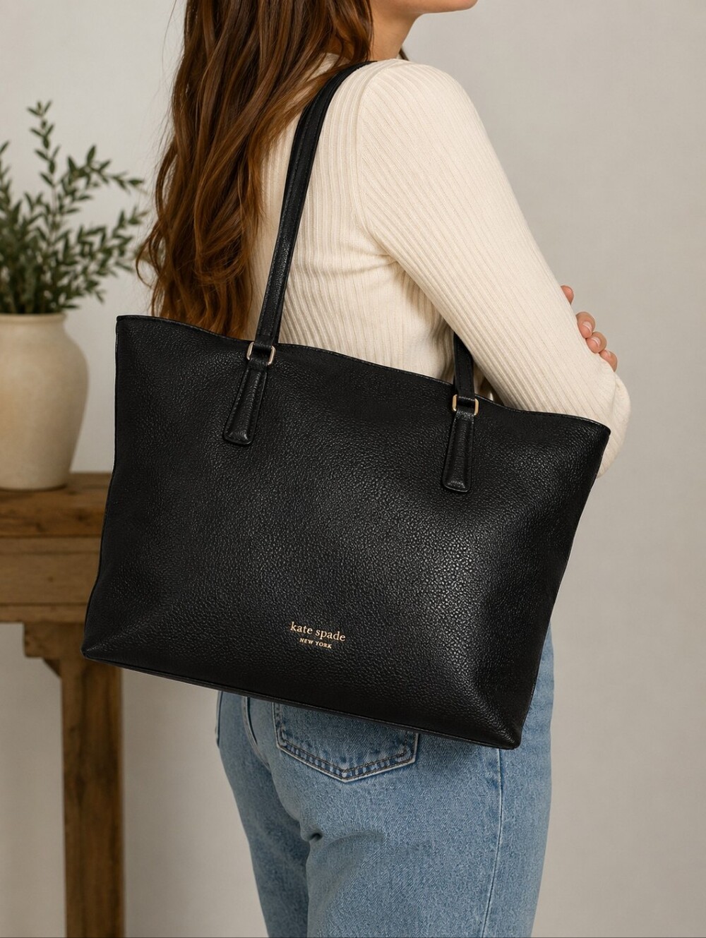 Kate Spade New York Black Pebbled Leather Tote Bag Large Leather Shoulder Purse